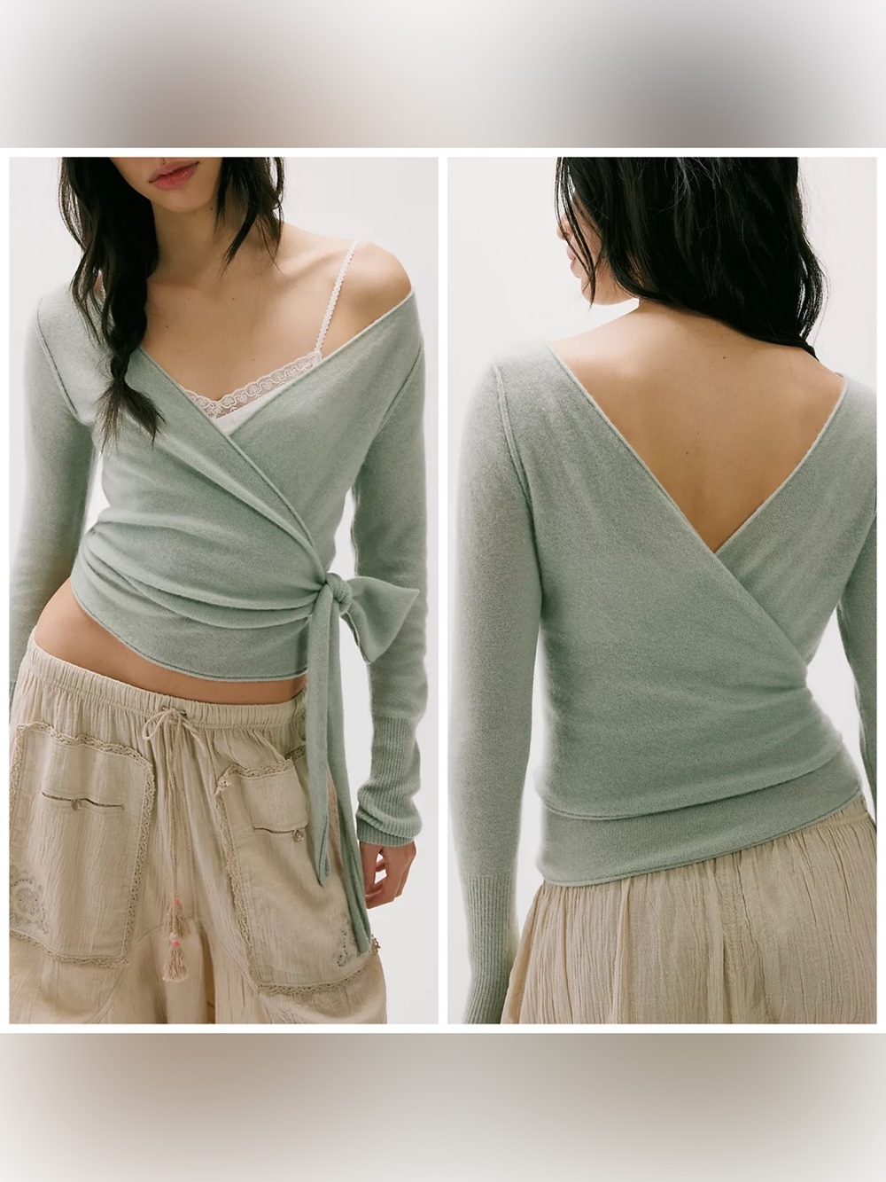 Free People Cashmere Reversible Wrap Sweater Women's Size L Sage Green NWT!
